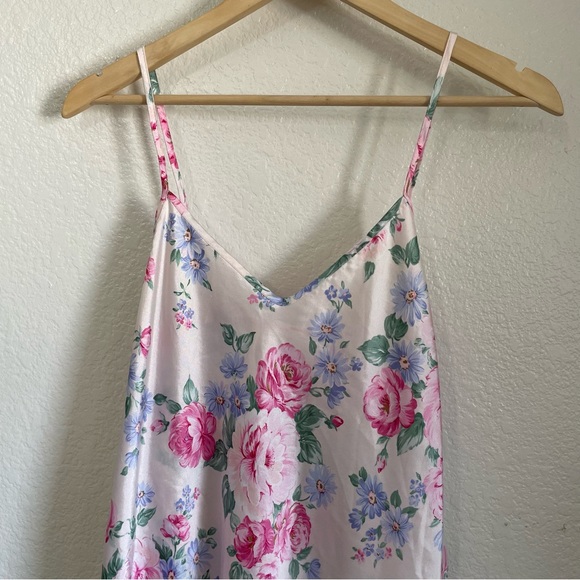 Vintage Dentelle Satin Floral Slip Dress Dainty Pink Peonies Daisies 90s 80s L - Picture 2 of 8